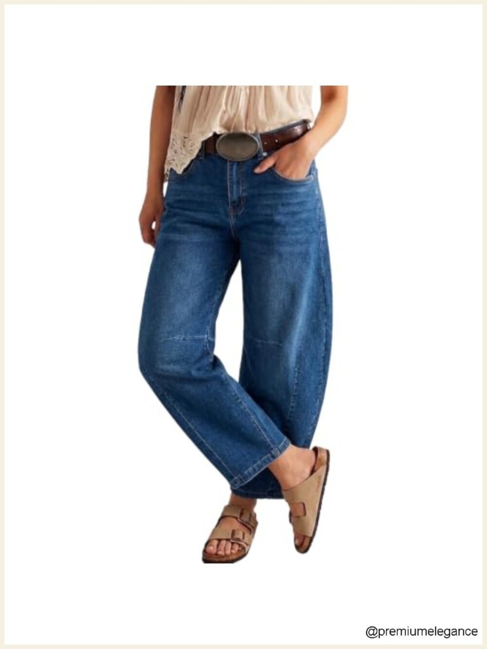 Women's Mid-Rise Barrel Jeans Stretchy Cropped Horseshoe Denim Pants